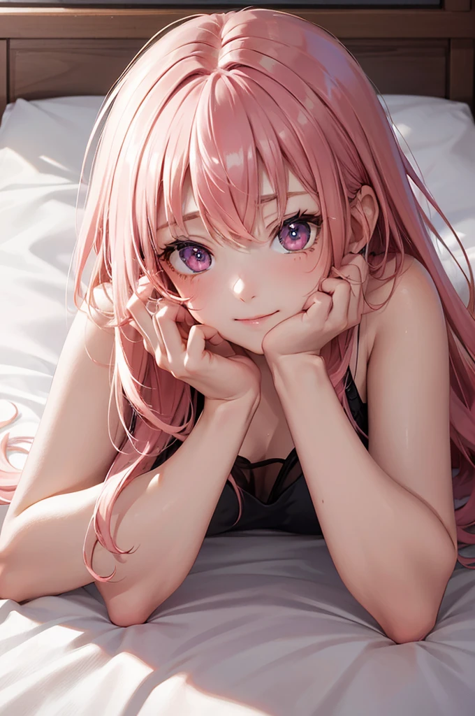 (Best Quality,High resolution,8K,finelity detailed background,Masterpiece:1.2),beautiful girl,Shiny pink hair,messy hair,Pink eyes,Gentle look,A refreshing look,Best quality,Best Quality,Aesthetic and aesthetic:1.2,Best details((Super detailed))(High-definition CG illustrations),cuteパジャマ,Slender body,night,Moonlight,Bedroom,On the bed,smile,blush,cute,Scrounge,Looking up,Being spoiled,super model,wariza,shoot from below