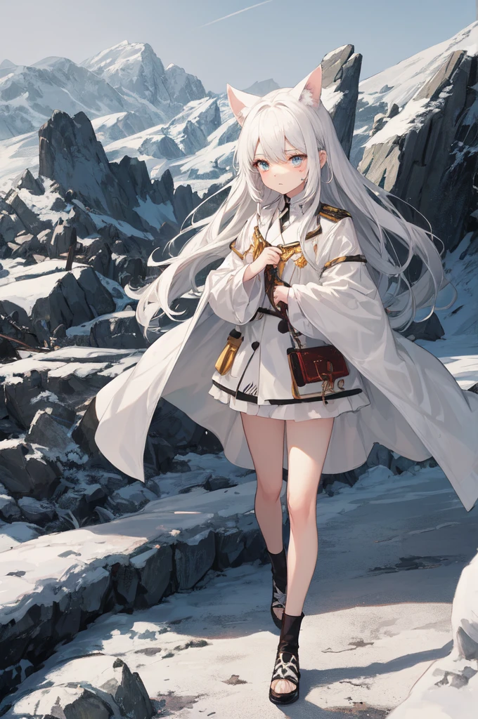 masterpiece:1.2), best quality , 独奏 ,pixiv, anime girl ，long straight white hair , black eyes ,Wearing off-white camouflage uniform ,ten years old，modern battlefield，(Eyes looking into the distance:1.3)，(look away:1.5)，snowy weather，dirty face，blood on forehead，dirty face，Backlight，Bare rocky peaks ,，The expression is sad，leave tears，When the war situation seems to be developing for the better,，A girl wakes up from her deep sleep，She doesn&#39;t understand her own life、Not sure about the power in the body，As pure as white paper。At the same time, another soul is sleeping inside the girl&#39;s body.，it was an accident，It is also one of the waves that changes the world。