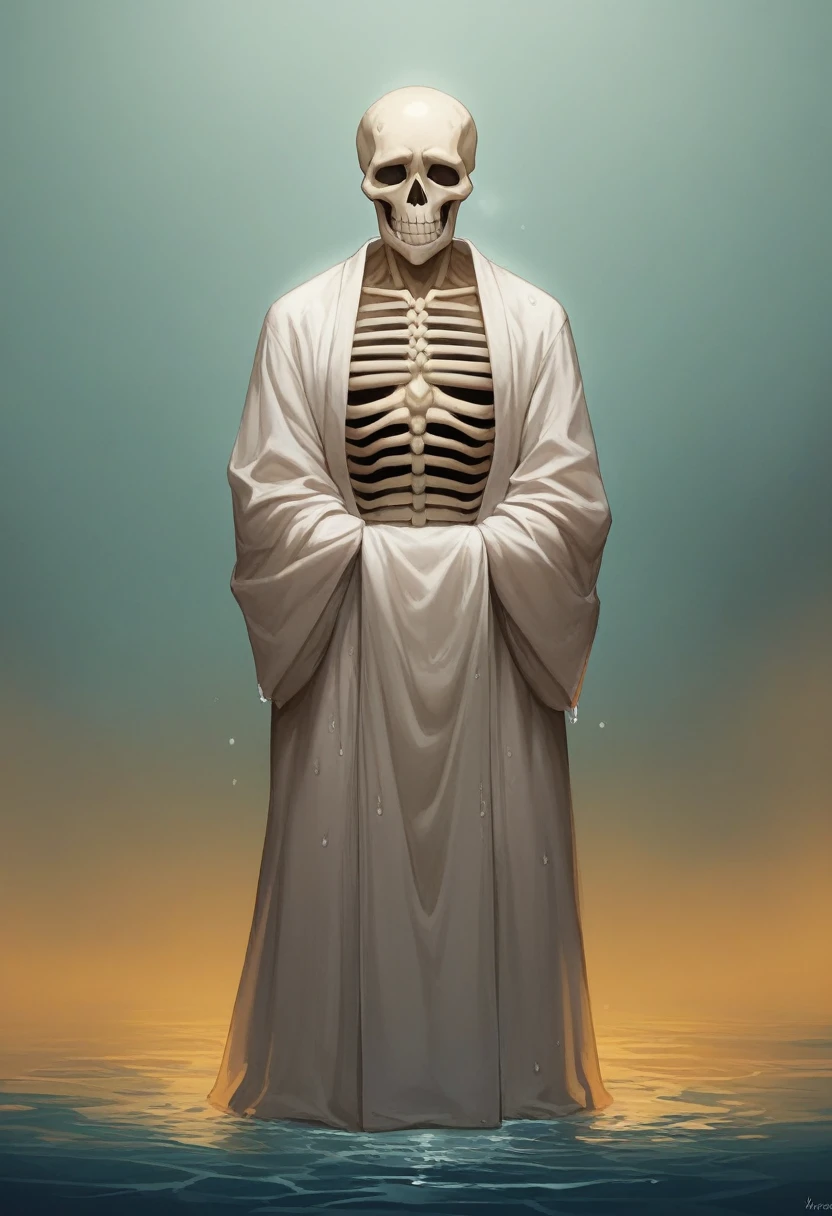 The main subject of the picture is a skeleton standing by the water.。It was wearing a ragged white robe.，The robe is full of wrinkles and wear marks.，Showing the traces of time。The skull of the skeleton is covered with a thin layer of white substance，It could be dust or dirt，Adds to its vicissitudes of life。Skeleton&#39;s arms stretched out，As if supporting his body，This posture gives people a sense of firmness.。

Skeleton standing on wet ground，Surrounded by dim light and shadows，This creates a spooky atmosphere.。In the background，Some vague building structures can be vaguely seen，The presence of these buildings makes the whole scene even more mysterious，It also gives people a sense of uneasiness.。