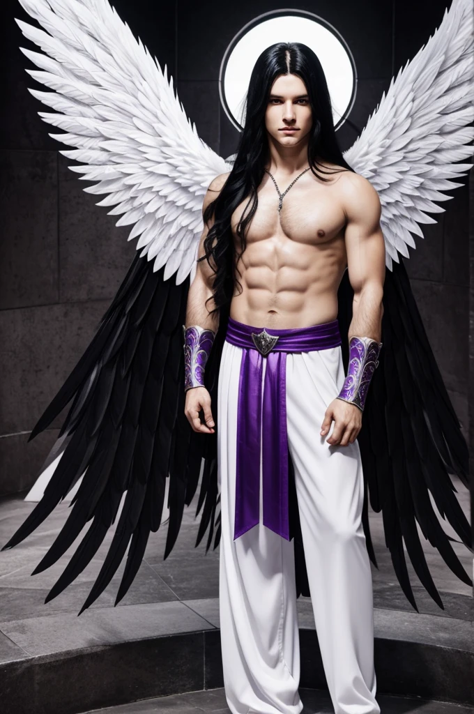 a male angel with long black hair, six wings , two rings of purple eyes on his face (((full body))), really really white skin,