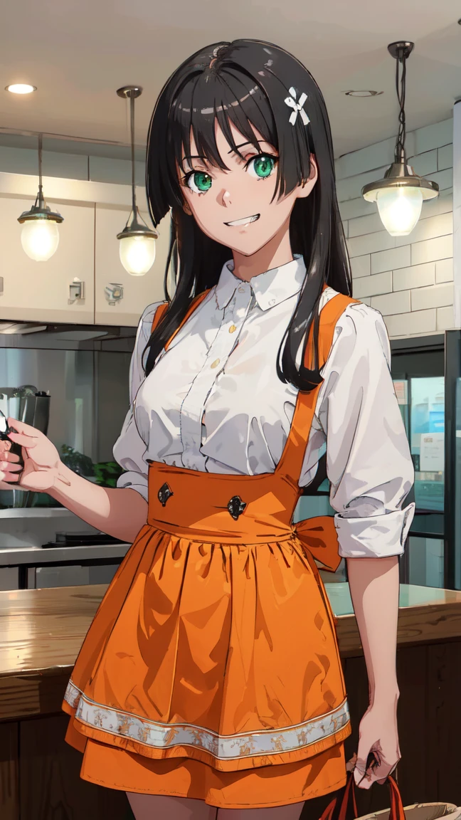  (High resolution:1.4), (masutepiece:1.2), (High quality:1.3) 1girl, saten ruiko, green eyes, long hair, black hair, small breast, Orange Skirt, orange apron, High Waist Skirt, white shirt, waitress, mini skirt, Bursting Busty,, cinematic lighting,  grin, pov