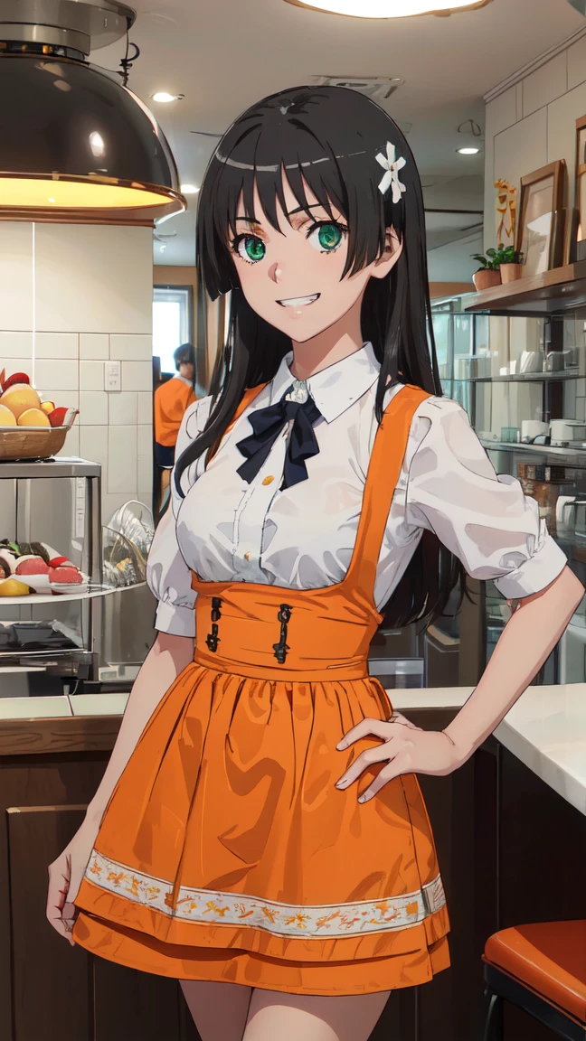 (High resolution:1.4), (masutepiece:1.2), (High quality:1.3) 1girl, saten ruiko, green eyes, long hair, black hair, small breast, Orange Skirt, orange apron, High Waist Skirt, white shirt, waitress, mini skirt, Bursting Busty,, cinematic lighting, grin, pov