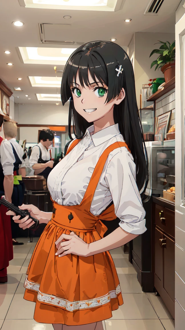  (High resolution:1.4), (masutepiece:1.2), (High quality:1.3) 1girl, saten ruiko, green eyes, long hair, black hair, small breast, Orange Skirt, orange apron, High Waist Skirt, white shirt, waitress, mini skirt, Bursting Busty,, cinematic lighting,  