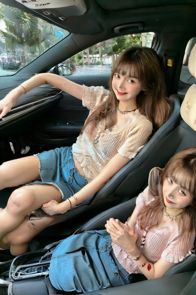 Pretty and a young girl, 1girl, sitting in a car on a passenger seat, smile, short T-shirt and a jeans