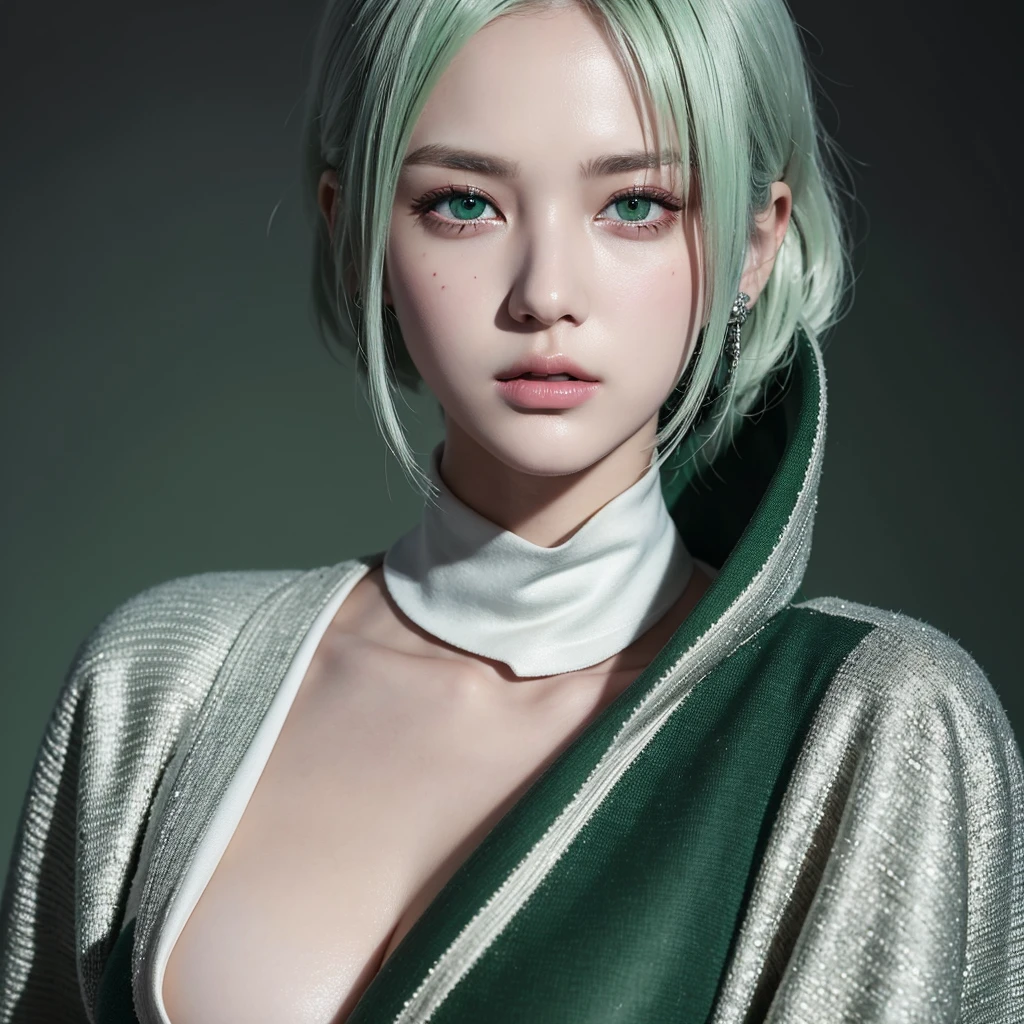 a beautiful girl with reptilian eyes and short silver-green hair, with a dark green turtle neck and a white robe, intricate detailed face, extremely detailed eyes, gorgeous detailed portrait, cinematic lighting, dramatic colors, vibrant, digital art, high quality, masterpiece