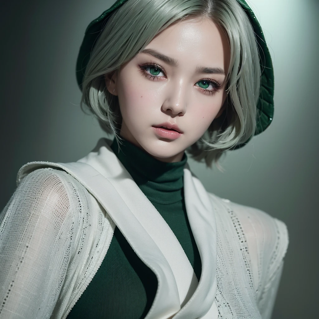 a beautiful girl with reptilian eyes and short silver-green hair, with a dark green turtle neck and a white robe, intricate detailed face, extremely detailed eyes, gorgeous detailed portrait, cinematic lighting, dramatic colors, vibrant, digital art, high quality, masterpiece