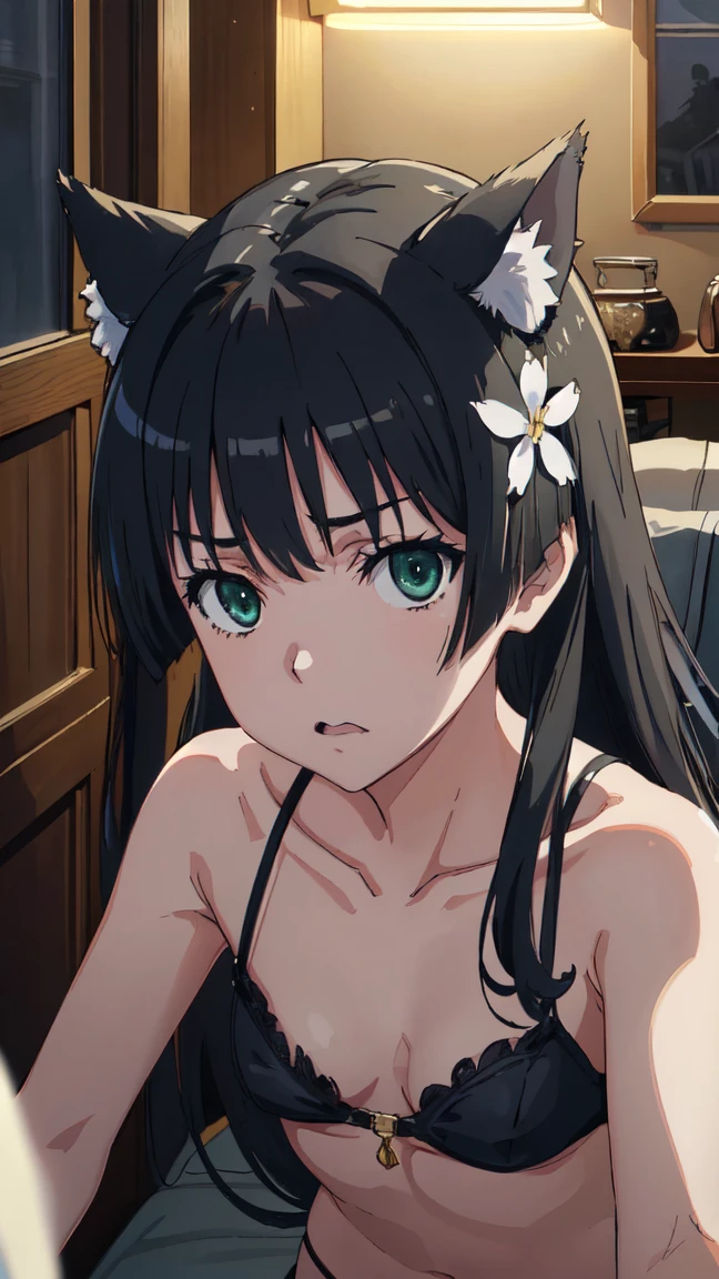 (High resolution:1.4), (masutepiece:1.2), (High quality:1.3) 1girl, saten ruiko, green eyes, long hair, black hair, small breast, dangerousbeast, wolf tail, cinematic lighting, pov
