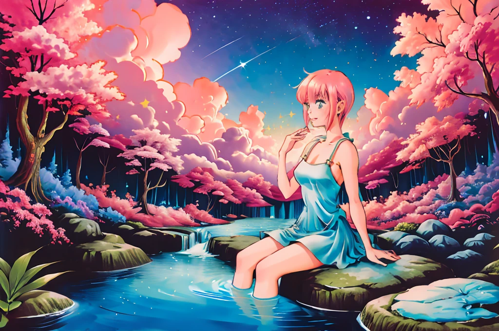 Scenery, light blue sky, 1girl, ichika sitting in the waterfalls, cloud, sitting on rocks in the middle of the waterfall, magical photography, ultra-detailed, 4k, Depth of field, High-resolution, outdoors, starry night sky, starts made of iridescent tears, pastel aesthetic colors, sfw, nakano_ichika, aaichika, Nakano ichika sitting in the waterfall, short silky pink hair, masterpiece, 4k, ultradetailed, cowboy shot, nakano ichika, blue eyes, sparkling eyes, green bowtie, veiled pretty iridescent dress, minimal dress, attractive confident smile, happy, cute, Official art、Beautifully Aesthetic:1.2)、(a beauty girl:1.3)、vivid colours、colourful, Soft Light, Deep Focus Bokeh, fantasy, galaxy, sparkling, splendid, colorful, dramatic lighting, intricate details, (1 girl, solo, alone), intricate details, sfw, nakano_ichika, sparkling eyes, laughing happily, crystal, fantasy, shimmering, sparkling, splendid, colorful, bright colours. fix her hands