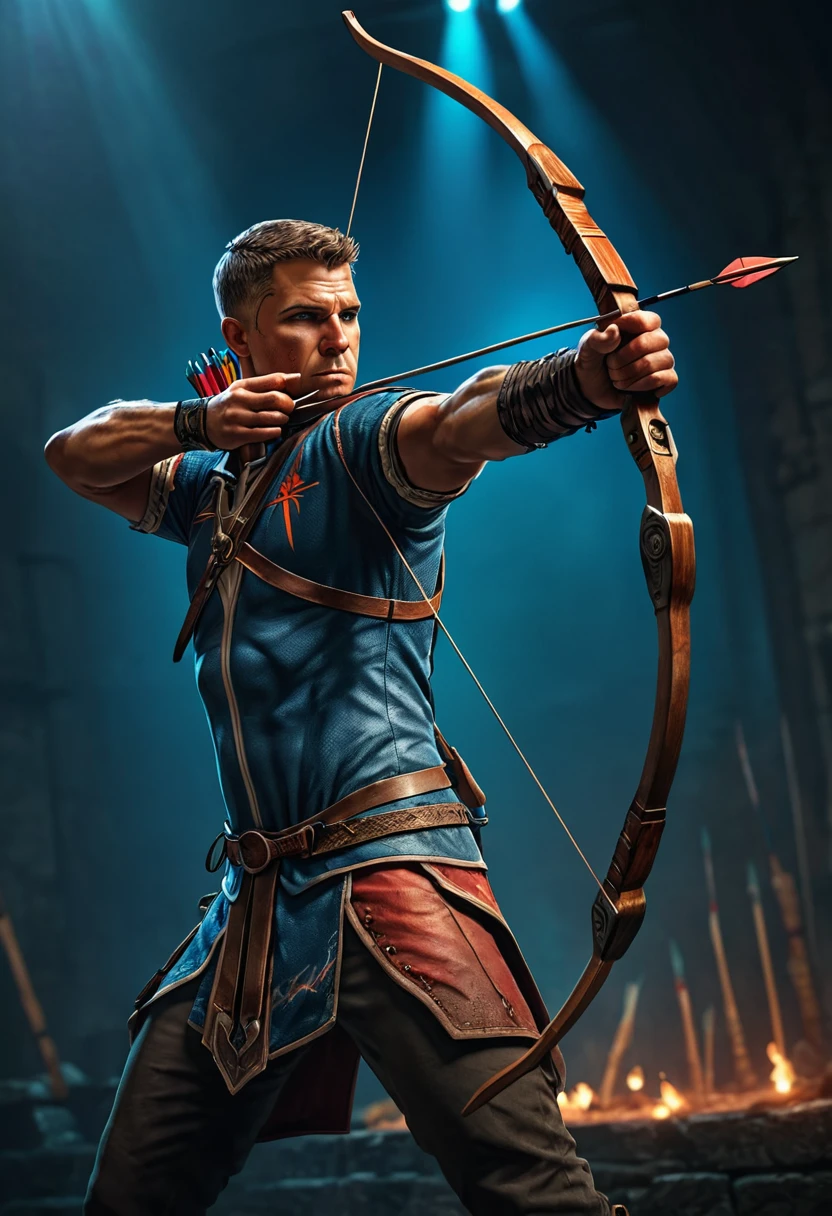 Archer, bow and arrow, Archery pose, full body, by greg rutkowski, dramatic composition, cinematic dynamic action scene, vibrant colors, cinematic lighting, dramatic lighting, best quality, masterpiece, very aesthetic, perfect composition, intricate details, ultra-detailed
