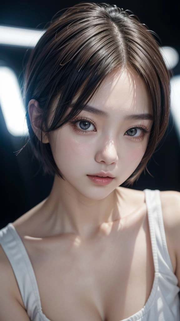 Visual blockbuster on the theme of hairstyle, Chinese girl with short hair, fashionable clothing with light hair, Chinese girl looking frontally at the camera, without makeup highlighting the texture and pores of facial skin, full color picture, close up - white solid background