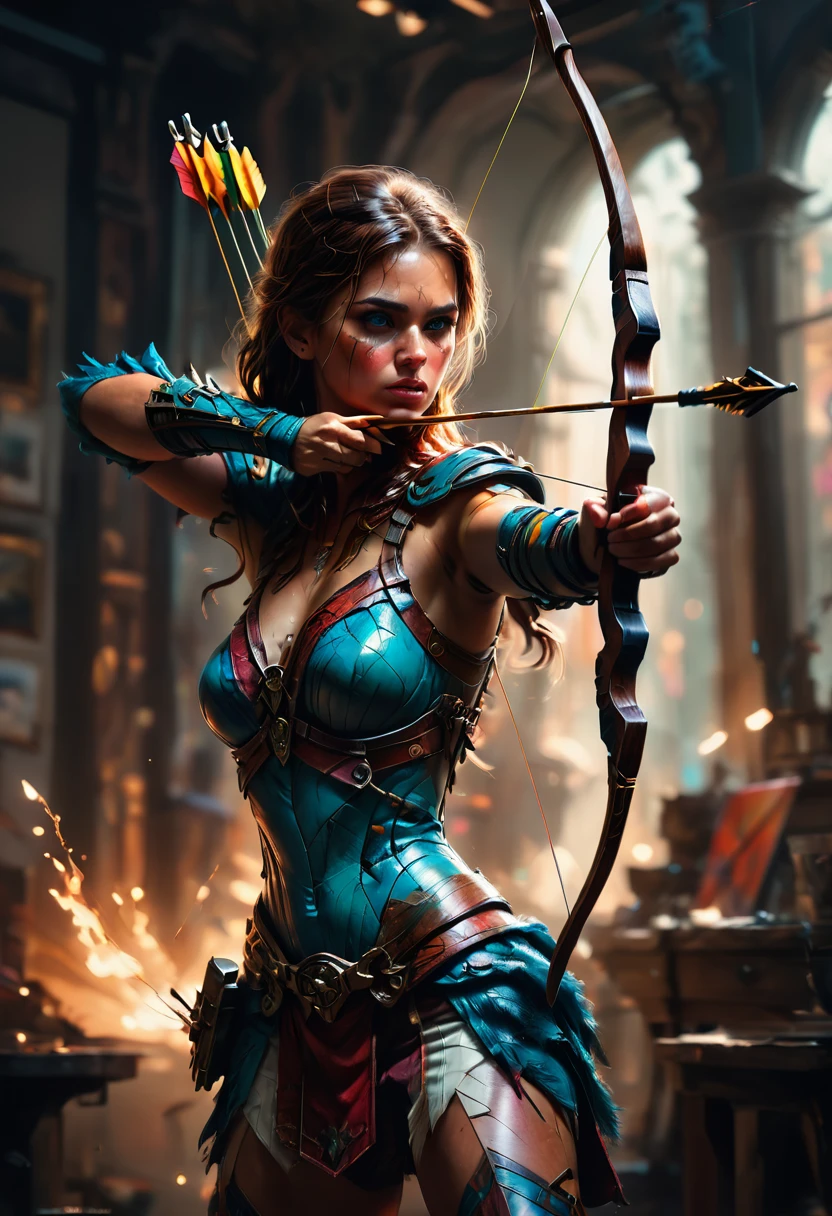 Archer, bow and arrow, Archery pose, full body, by Casey Baugh, dramatic composition, cinematic dynamic action scene, vibrant colors, cinematic lighting, dramatic lighting, best quality, masterpiece, very aesthetic, perfect composition, intricate details, ultra-detailed