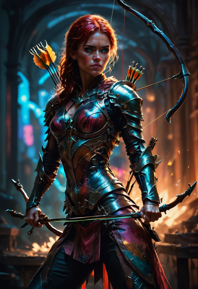 Archer, bow and arrow, Archery pose, full body, by Casey Baugh, dramatic composition, cinematic dynamic action scene, vibrant colors, cinematic lighting, dramatic lighting, best quality, masterpiece, very aesthetic, perfect composition, intricate details, ultra-detailed