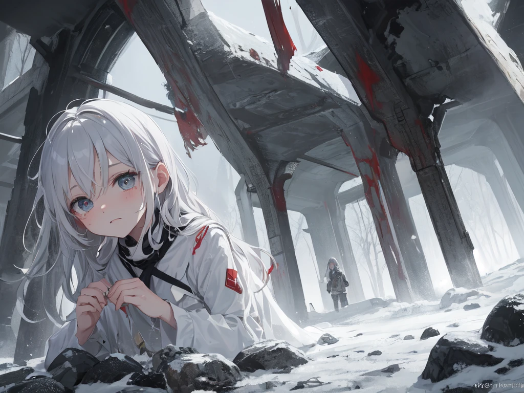 masterpiece:1.2), best quality , 独奏 ,pixiv, anime girl ，long straight white hair , black eyes ,Wearing off-white camouflage uniform ,ten years old，modern battlefield，(Eyes looking into the distance:1.3)，(look away:1.5)，snowy weather，dirty face，blood on forehead，dirty face，Backlight，Bare rocky peaks ,，The expression is sad，leave tears，When the war situation seems to be developing for the better,，A girl wakes up from her deep sleep，She doesn&#39;t understand her own life、Not sure about the power in the body，As pure as white paper。At the same time, another soul is sleeping inside the girl&#39;s body.，it was an accident，It is also one of the waves that changes the world。