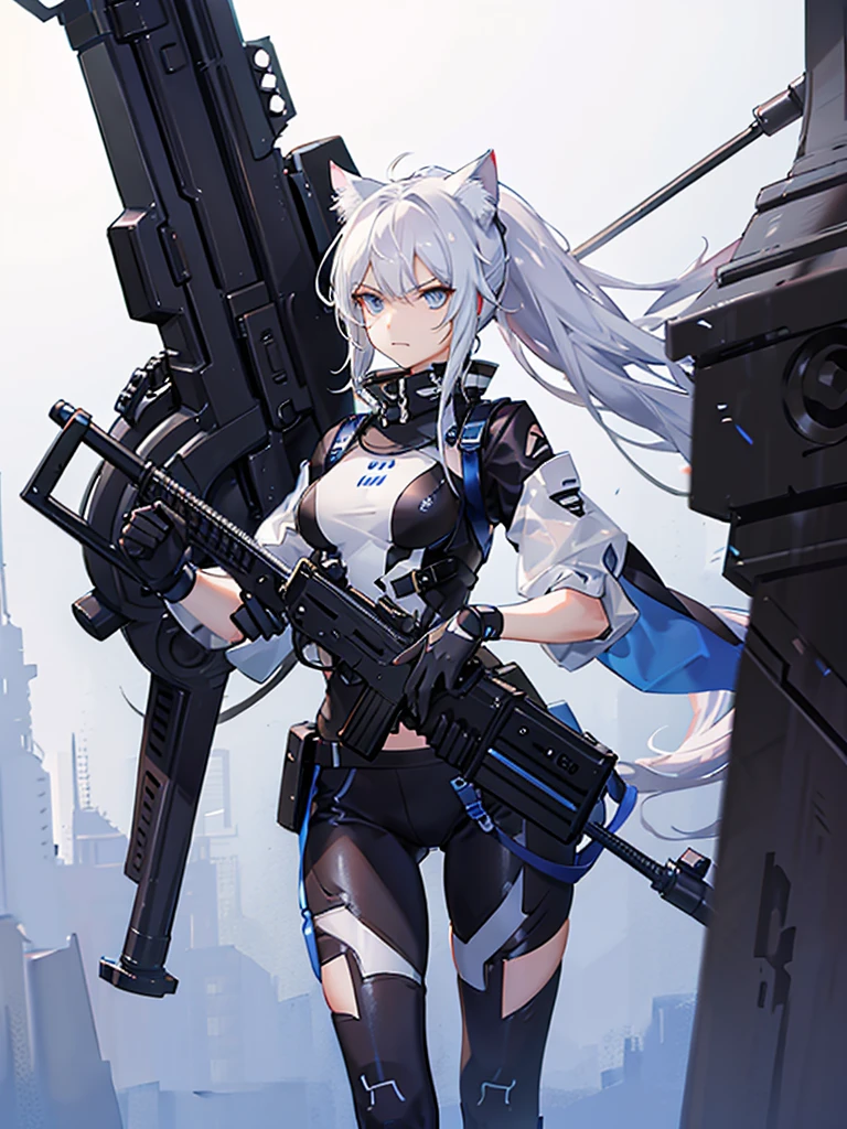 Girl, Ponytail, White Hair, Futuristic clothing, Holding a Sniper, blue eyes, short, cat ears, angry face