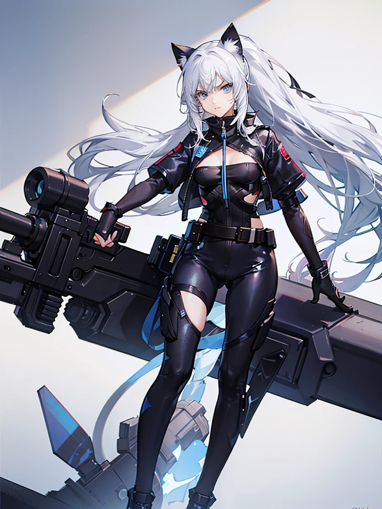 Girl, Ponytail, White Hair, Futuristic clothing, Holding a Sniper, blue eyes, short, cat ears, angry face