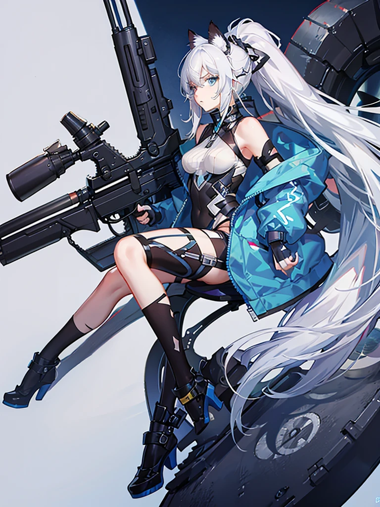 Girl, Ponytail, White Hair, Futuristic clothing, Holding a Sniper, blue eyes, short, cat ears, angry face