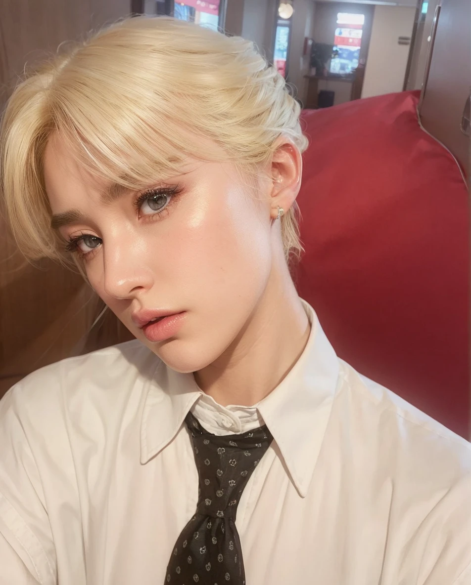 Blonde eyebrows, light eyelashes, slightly dull lips, slanted eyes, steep nose
