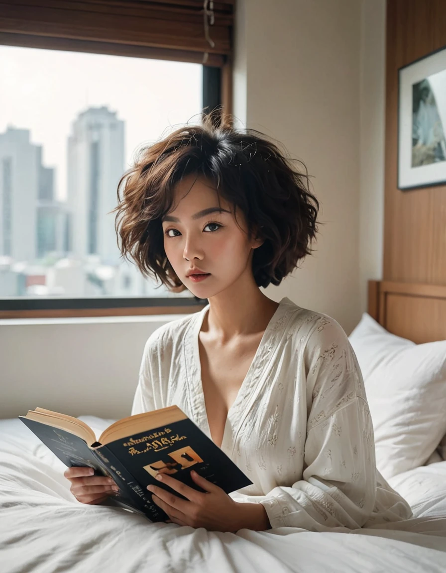 ((of the highest quality、8k、Masterpiece:1.3))、focus:1.2、(wide angle), instagram photo, Beautiful woman perfect body:1.4、shaped body、((Bob Hale、afro hair:1.2))、(be born, of the highest quality, Masterpiece:1.5), (realist, intricate details:1.2) 、sleepy face, ((sleepy)), beautiful face, Dark brown eyes, Medium long hair, messy natural hair, ((Little mom}), black skin, Kodak Fine Grain Film, High contrast, Rear lighting ,wet body:1.5、detailed eyes、[black fur]、messy hair, just wake up, in bed, messy bed, sleepwear, dress, ((reading book)) [look at the book], cozy, bedroom in 70s apartment, tomorrow, warm rays of sun, Rear lighting