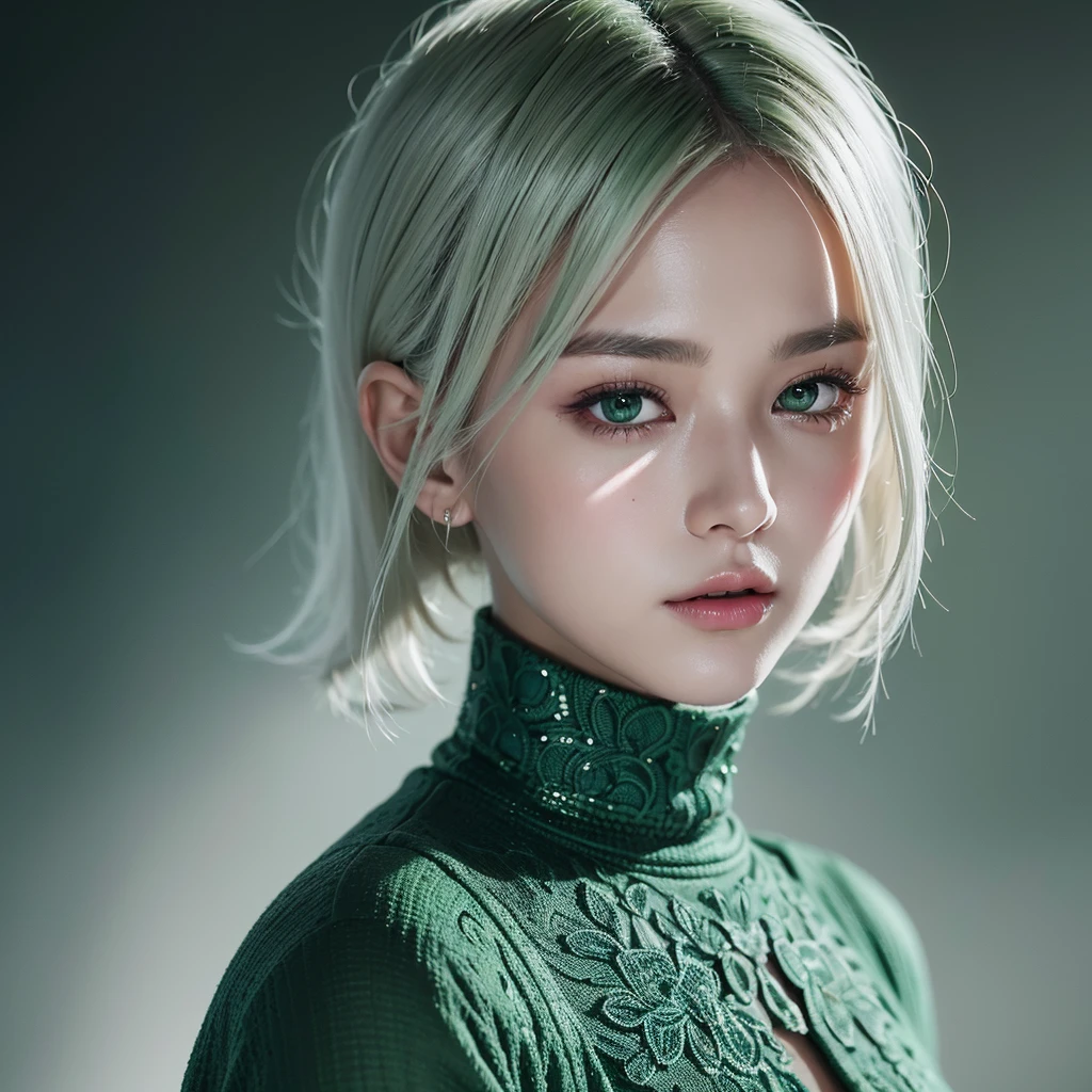 a beautiful girl with reptilian eyes and short silver-green hair, with a dark green turtle neck and a white robe, intricate detailed face, extremely detailed eyes, gorgeous detailed portrait, cinematic lighting, dramatic colors, vibrant, digital art, high quality, masterpiece