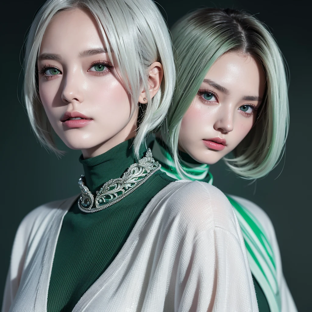 a beautiful girl with reptilian eyes and short silver-green hair, with a dark green turtle neck and a white robe, intricate detailed face, extremely detailed eyes, gorgeous detailed portrait, cinematic lighting, dramatic colors, vibrant, digital art, high quality, masterpiece