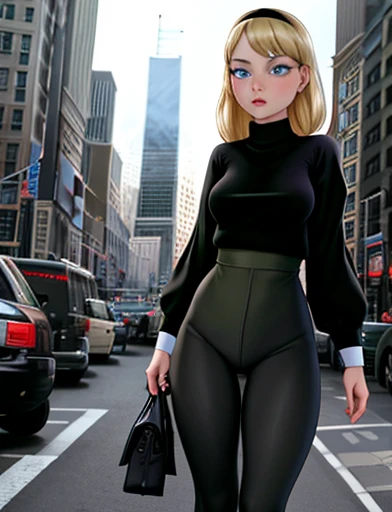 (masterpiece,best quality,absurdres,beautiful,aesthetic,detailed),cinematic angle, (Detailed face:1.2), (Detailed eyes:1.2), 1girl, solo (Gwen Stacy:1.1), platinum blonde hair, bright blue eyes, ((Wearing: Black headband, olive green sweater, black leggings, black heels)), standing outside on New York streets, crowds of people on the surroundings, busy atmosphere, cinematic lighting, detailed background,