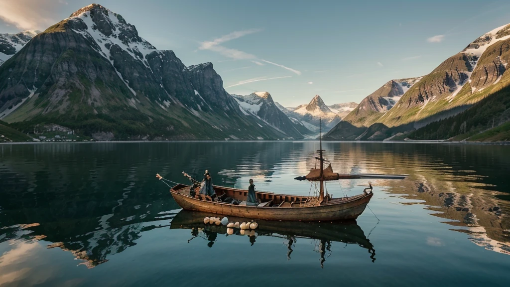 A serene Viking landscape with rolling green hills, a calm fjord, and a majestic mountain in the background. The sky is painted with the soft colors of dawn, reflecting on the still waters of the fjord. A lone Viking longship is anchored near the shore.