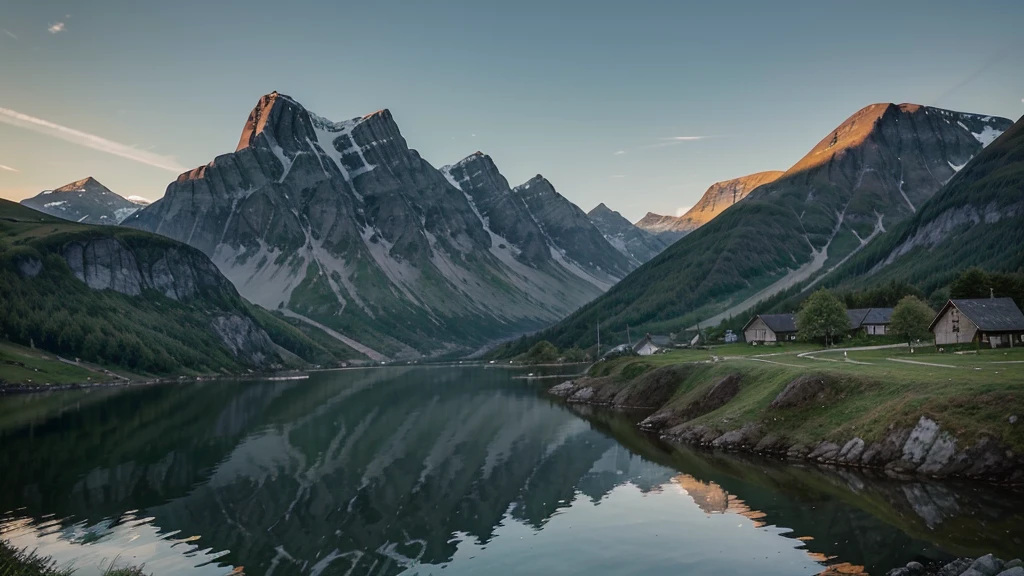 A serene Viking landscape with rolling green hills, a calm fjord, and a majestic mountain in the background. The sky is painted with the soft colors of dawn, reflecting on the still waters of the fjord. A lone Viking longship is anchored near the shore.