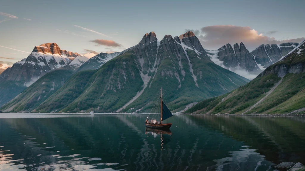 A serene Viking landscape with rolling green hills, a calm fjord, and a majestic mountain in the background. The sky is painted with the soft colors of dawn, reflecting on the still waters of the fjord. A lone Viking longship is anchored near the shore.