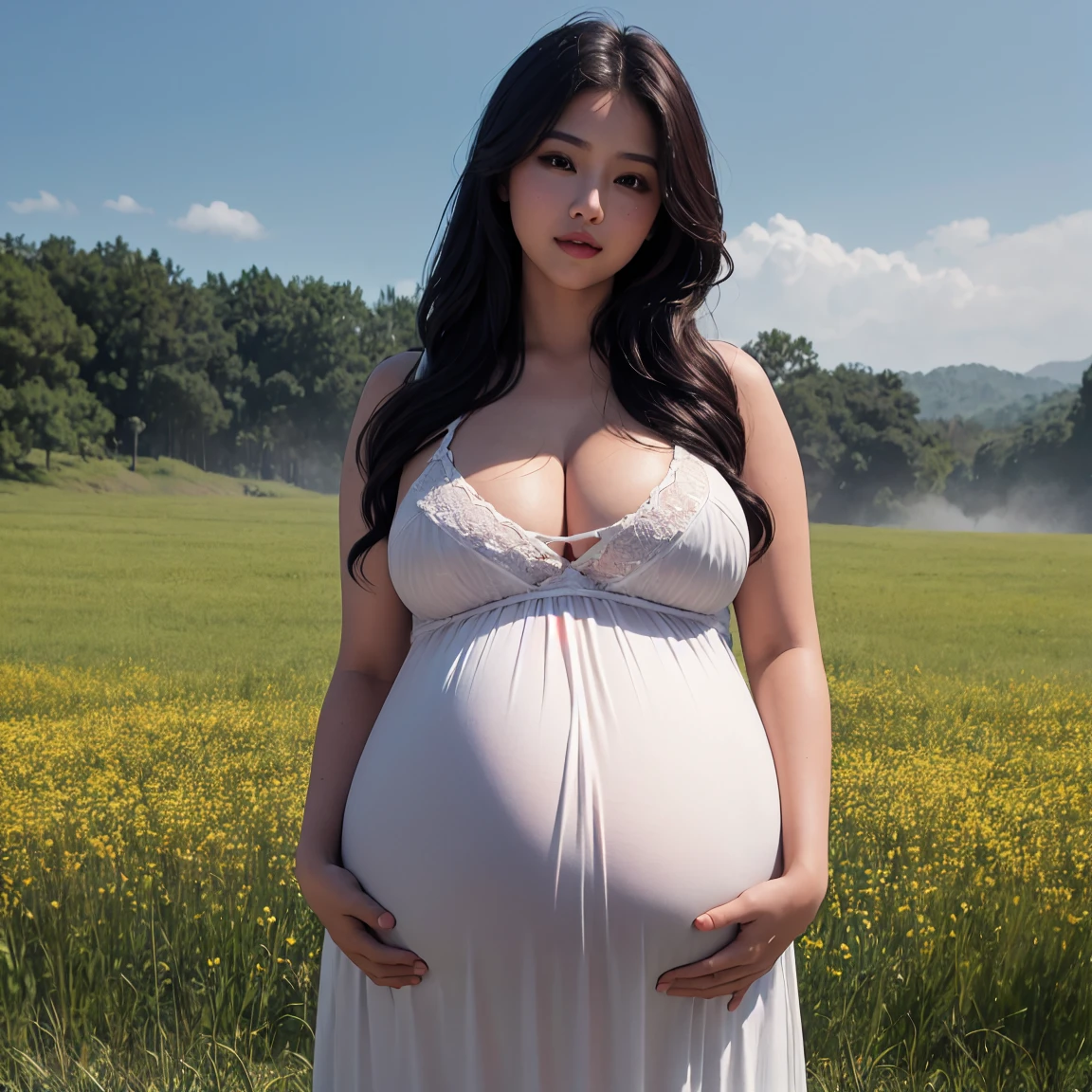 Spring in the misty fields. Erotic, voluptuous, curvy woman. Hana haruna. body measurement of 100-70-90! beautiful chubby face, ((pregnant:1.2)), round face, long hair, bun. Her wide heart-shaped lips curl up, light smile. Beautiful seductive eyes. She wears a long semi-transparent summer dress. Prancing in the fields. Masterpiece, Cinematic Lighting, Cinematic shot. Realistic. Taniaayusiregar.
