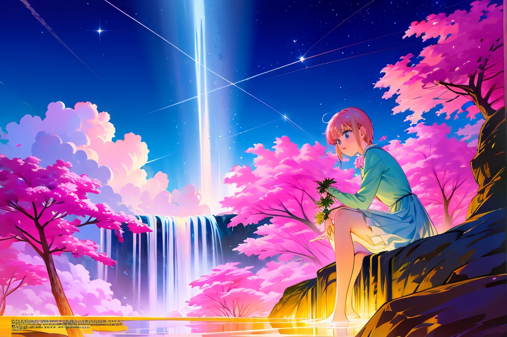 Scenery, light blue sky, 1girl, ichika sitting in the waterfalls, cloud, sitting on rocks in the middle of the waterfall, magical photography, ultra-detailed, 4k, Depth of field, High-resolution, outdoors, starry night sky, starts made of iridescent tears, pastel aesthetic colors, sfw, nakano_ichika, aaichika, Nakano ichika sitting in the waterfall, short silky pink hair, masterpiece, 4k, ultradetailed, cowboy shot, nakano ichika, blue eyes, sparkling eyes, green bowtie, veiled pretty iridescent dress, minimal dress, attractive confident smile, happy, cute, Official art、Beautifully Aesthetic:1.2)、(a beauty girl:1.3)、vivid colours、colourful, Soft Light, Deep Focus Bokeh, fantasy, galaxy, sparkling, splendid, colorful, dramatic lighting, intricate details, (1 girl, solo, alone), intricate details, sfw, nakano_ichika, sparkling eyes, laughing happily, crystal, fantasy, shimmering, sparkling, splendid, colorful, bright colours. fix her hands