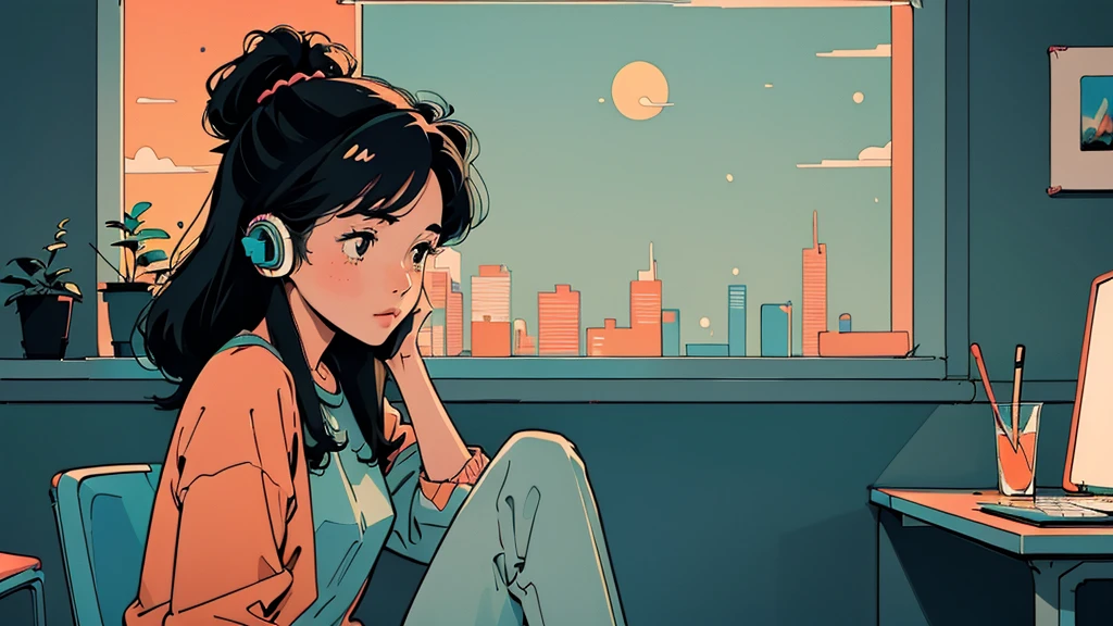 アニメ girl sitting on floor looking out window at city, アニメ aesthetic, アニメ vibes, lofi artstyle, Lo-fi portrait by the window, Watching the Sunset. アニメ, Lofty Girl, アニメ art wallpaper 4 k, アニメ art wallpaper 4k, アニメ art wallpaper 8 k, アニメ background art, Lofi Color, Lofi Art, アニメ asthetic,masterpiece, Highest quality, Rainbow Style, アニメ, Beautiful Asian Girl, Along the Hawaiian Coast, Cute and dreamy,アニメ,Illustrator,LOFI Girl, Blues,landscape,Sunset, night、Girl listening to music in a cozy room, Use headphones, 2D Style Anime, Rain outside the window、Analog Color Theme、Ghibli style,、Tokyo, modern