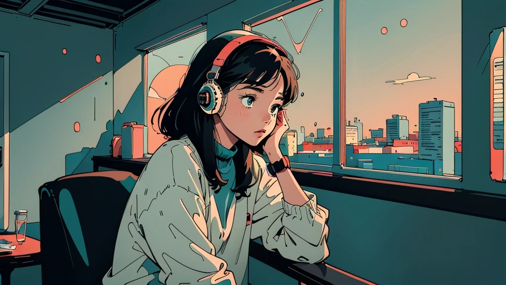 アニメ girl sitting on floor looking out window at city, アニメ aesthetic, アニメ vibes, lofi artstyle, Lo-fi portrait by the window, Watching the Sunset. アニメ, Lofty Girl, アニメ art wallpaper 4 k, アニメ art wallpaper 4k, アニメ art wallpaper 8 k, アニメ background art, Lofi Color, Lofi Art, アニメ asthetic,masterpiece, Highest quality, Rainbow Style, アニメ, Beautiful Asian Girl, Along the Hawaiian Coast, Cute and dreamy,アニメ,Illustrator,LOFI Girl, Blues,landscape,Sunset, night、Girl listening to music in a cozy room, Use headphones, 2D Style Anime, Rain outside the window、Analog Color Theme、Ghibli style,、Tokyo, modern