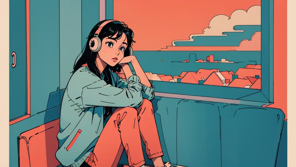 アニメ girl sitting on floor looking out window at city, アニメ aesthetic, アニメ vibes, lofi artstyle, Lo-fi portrait by the window, Watching the Sunset. アニメ, Lofty Girl, アニメ art wallpaper 4 k, アニメ art wallpaper 4k, アニメ art wallpaper 8 k, アニメ background art, Lofi Color, Lofi Art, アニメ asthetic,masterpiece, Highest quality, Rainbow Style, アニメ, Beautiful Asian Girl, Along the Hawaiian Coast, Cute and dreamy,アニメ,Illustrator,LOFI Girl, Blues,landscape,Sunset, night、Girl listening to music in a cozy room, Use headphones, 2D Style Anime, Rain outside the window、Analog Color Theme、Ghibli style,、Tokyo, modern