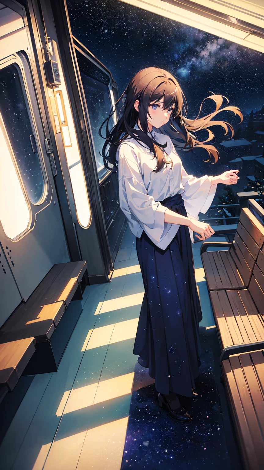 In a tranquil winter night, under the ethereal glow of a cosmic sky, a train glides gracefully along snow-covered tracks. The scene unfolds with Makoto Shinkai's signature magic realism, where the train itself seems alive with a quiet, mysterious energy. The landscape is painted in shades of deep blues and purples, reminiscent of a galaxy painted across the heavens. There are no humans in sight, only the silent companionship between the train and the vast, starlit sky. This evokes the essence of Makoto Shinkai's renowned anime backgrounds, capturing a moment of serene beauty and cosmic wonder.