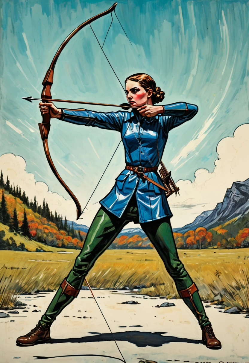 Archer, bow and arrow, Archery pose, full body, by Raymond Pettibon and Fred Calleri, dramatic composition, cinematic dynamic action scene, vibrant colors, cinematic lighting, dramatic lighting, best quality, masterpiece, very aesthetic, perfect composition, intricate details, ultra-detailed