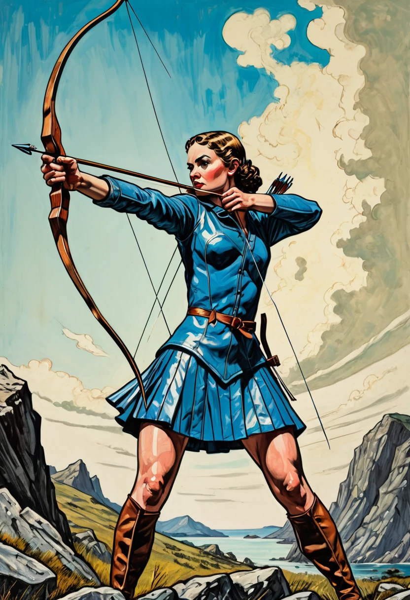 Archer, bow and arrow, Archery pose, full body, by Raymond Pettibon and Fred Calleri, dramatic composition, cinematic dynamic action scene, vibrant colors, cinematic lighting, dramatic lighting, best quality, masterpiece, very aesthetic, perfect composition, intricate details, ultra-detailed