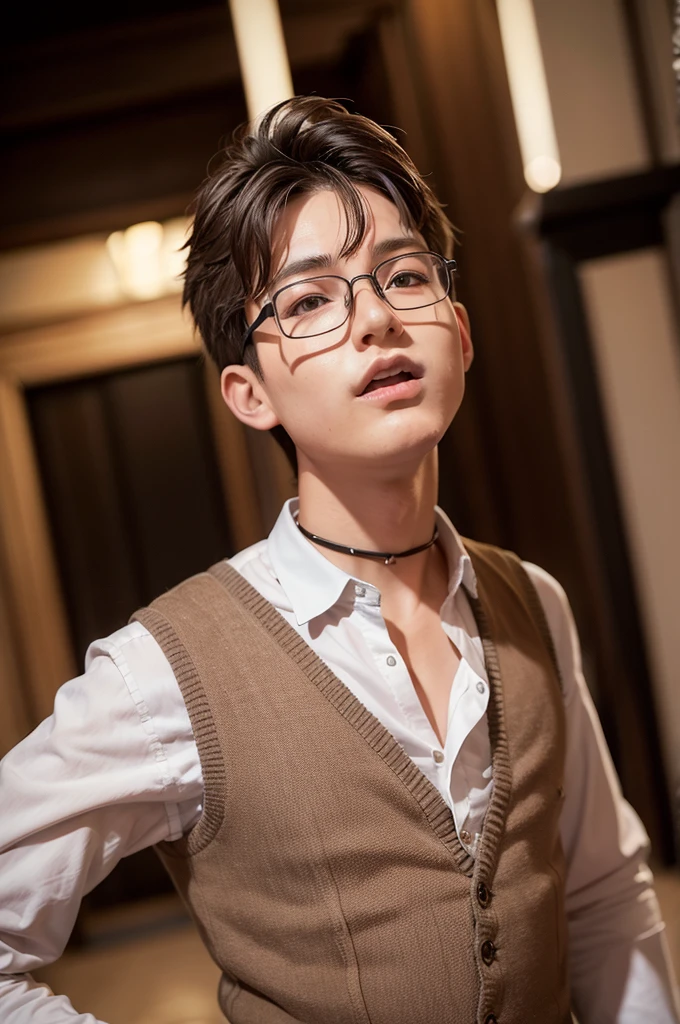 work of art, best qualityer, photorrealistic, 1 young boy, adult man, brawny, notched collar, vest, oculos de sol, in the crowded and busy center at night