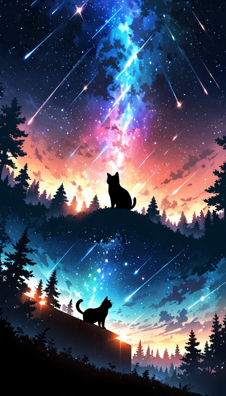Animated paintings inspired by Makoto Shinkai, space art, (looking at the sky from the forest (silhouette of a sideways black cat sitting)), mysterious, fantastic, meteor shower, emerald complex light, twinkling trees, (unattended)),