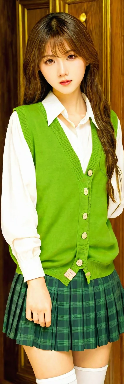 (masterpiece, best quality:1.2), 1girl, solo,standing_split,
Mikan Yuuki, brown eyes, brown hair, hair ornament,long hair,green plaid skirt, sainan high , , white shirt, yellow sweater vest,no panty