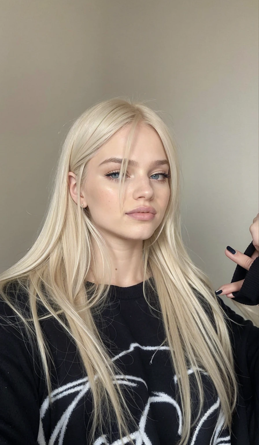 Blonde woman with long hair taking a selfie, chica perfecta de pelo blanco, extremely pale blonde hair, ava max, very very pale blonde hair, pelo largo y blanco y flequillo, Cabello largo rubio platino, su cabello es blanco, una chica con cabello rubio, pelo largo y rubio y ojos grandes, con pelo largo y rubio, chica con pelo blanco, blanco - pelo rubio