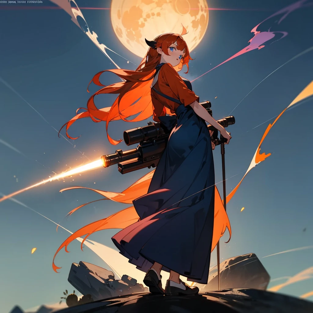 (1ogre, black ogre, full body version), (1girl, Western , red cheeks, blue eyes, orange hair coloring, long shaggy hair, long white shirt, blue long skirt), ((bazooka behind his back)), ((full body girl, full body ogre)), (sophisticated, laser, lighting), (Grassroots background, moon, Light silhouettes, smoke, explosions, rock pebbles)