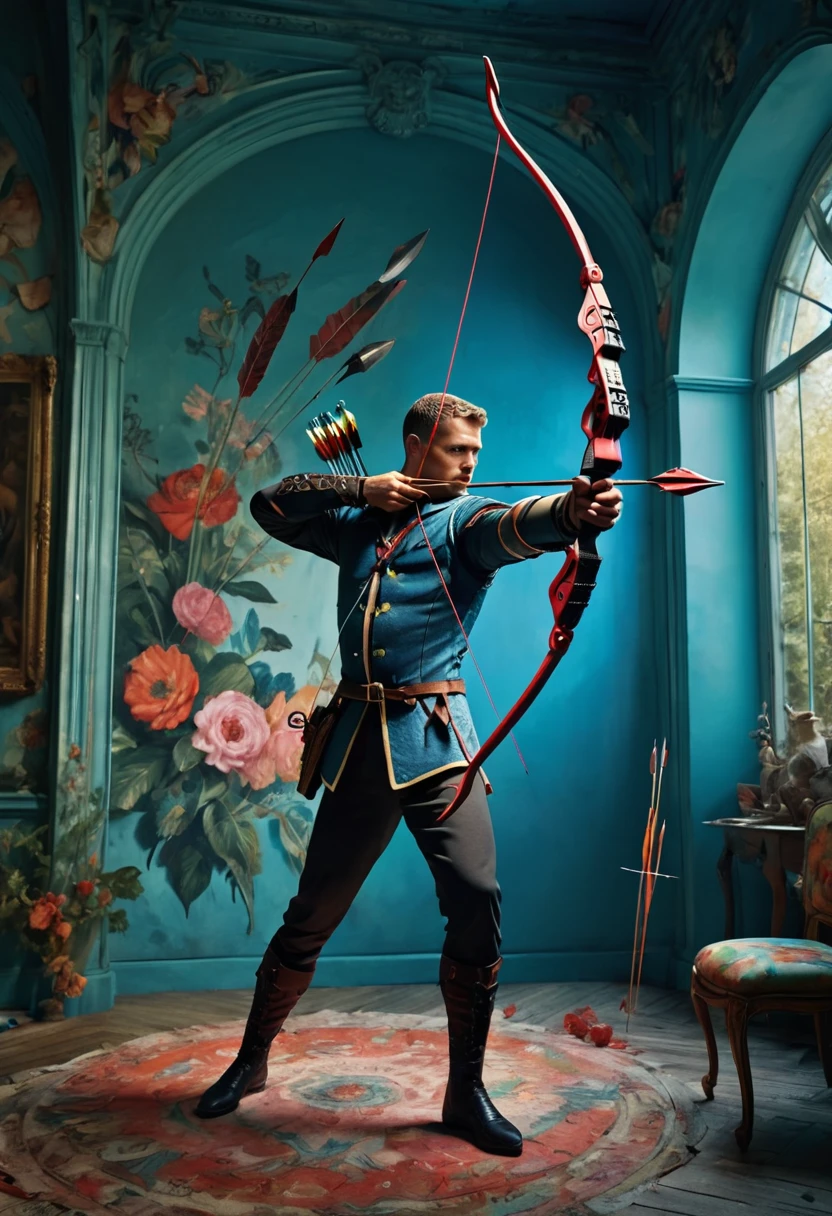Archer, bow and arrow, Archery pose, full body, by Tim Walker and Jean Dufy, dramatic composition, cinematic dynamic action scene, vibrant colors, cinematic lighting, dramatic lighting, best quality, masterpiece, very aesthetic, perfect composition, intricate details, ultra-detailed