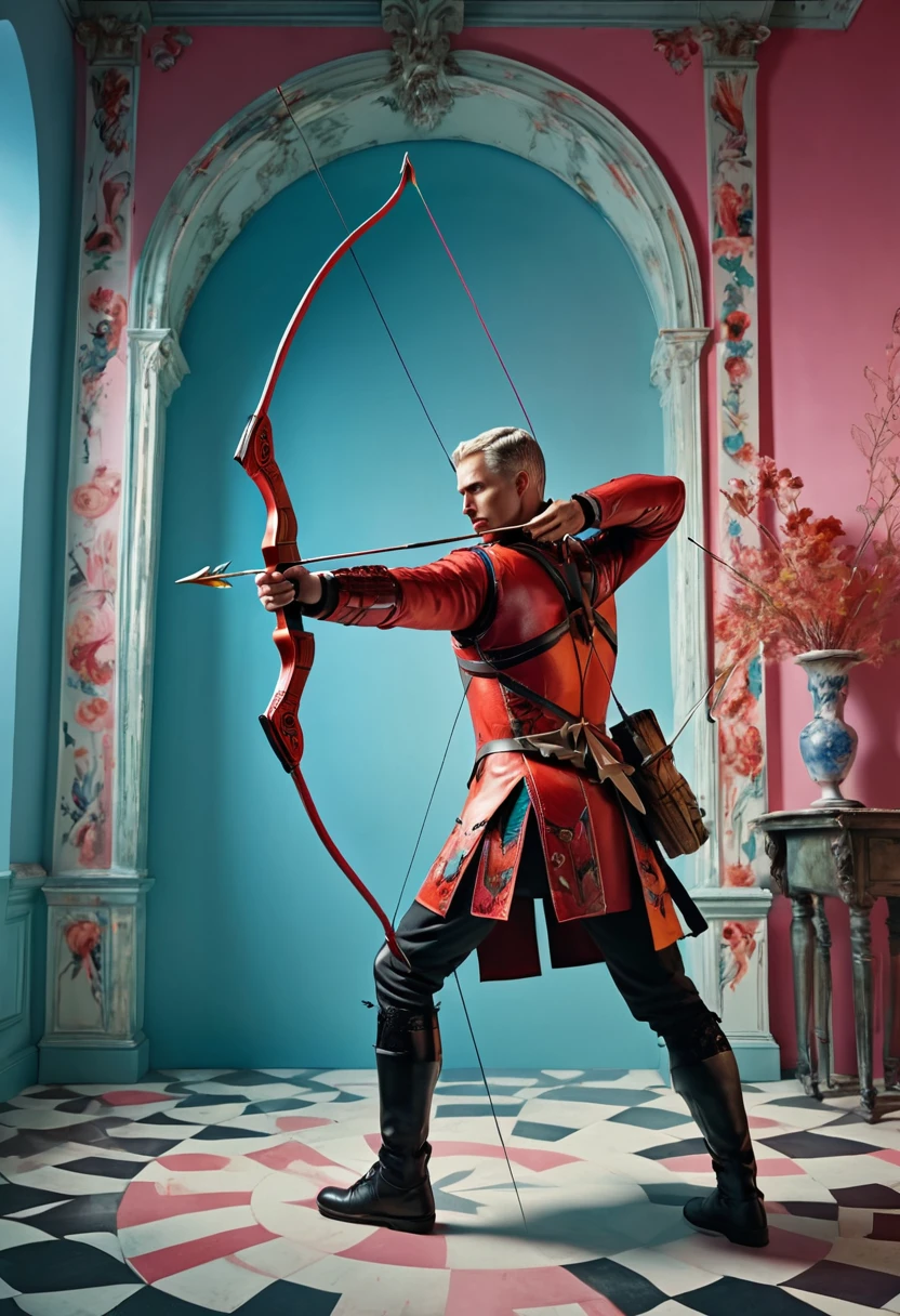Archer, bow and arrow, Archery pose, full body, by Tim Walker and Jean Dufy, dramatic composition, cinematic dynamic action scene, vibrant colors, cinematic lighting, dramatic lighting, best quality, masterpiece, very aesthetic, perfect composition, intricate details, ultra-detailed