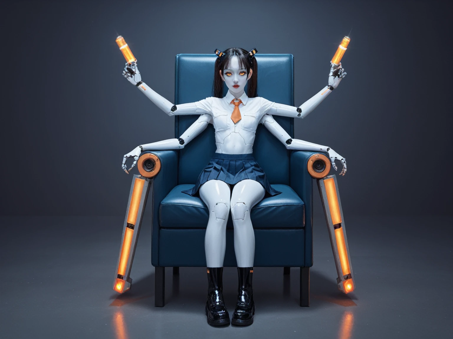 score_9, score_8_up, score_7_up, BREAK,
1girl, photography of a cute girl, 18yo, (4 arms, robot arms:1.2), red lips, (white skin:1.5), (cyberpunk, scifi, futuristic:1.2), glowing orange eyes, black hair, twintails, small breasts, narrow hips, fully clothed, (school uniform:1.2), boots, shiny skin, full body, sitting in a chair, studying, reading several books at the same time, at school, reelmech, mechanical parts, machinery, joints