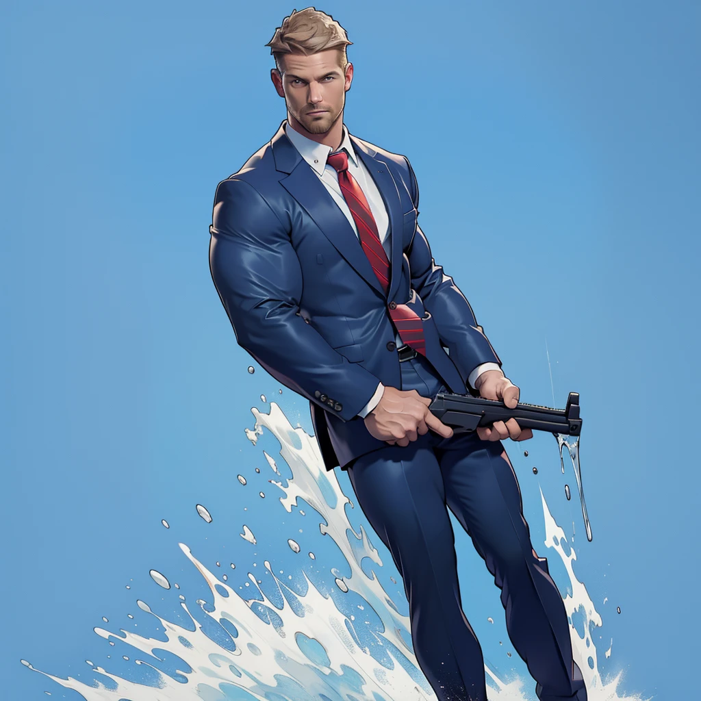 1 man, male focus solo, middle aged man,Stephen AMELL as private investigator, lean muscle,very light blue shirt, marine blue businessman suit ,( red tie) ,( big bulge), full body shot, dark blond short hair, well groomed facial hair, holding a gun with one hand, , ultra high quality, masterpiece, (clear intense splashed blue and white paint in the blackground)