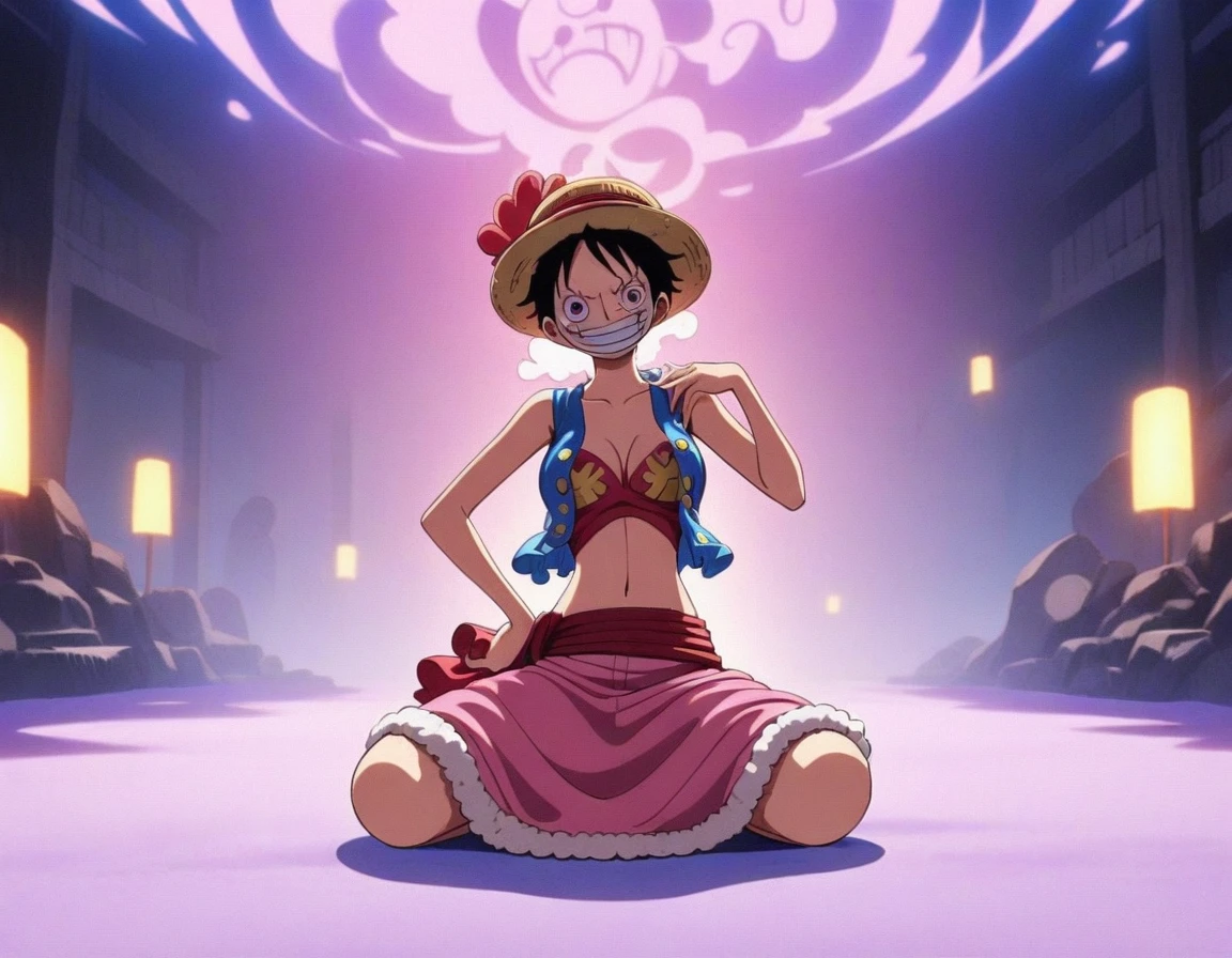 1girl, Monkey D. Luffy, One Piece, Pink hair, pink eyes, white and pink mix, pink long skirt, shes on a seiza pose, an empty and chill room