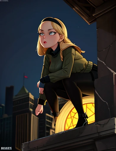 (masterpiece,best quality,absurdres,beautiful,aesthetic,detailed),cinematic angle, (Detailed face:1.2), (Detailed eyes:1.2), 1girl, solo (Gwen Stacy:1.1), curvy, bottom heavy,platinum blonde hair, bright blue eyes, ((Wearing: Black headband, olive green sweater, black leggings, black heels)), standing outside on New York streets, crowds of people on the surroundings, busy atmosphere, cinematic lighting, detailed background, she is stuck in a manhole, waiting for spider man to save her