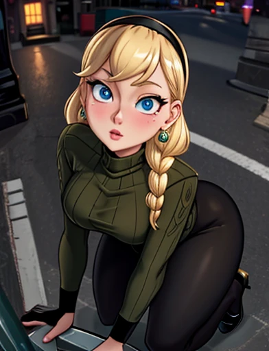 (masterpiece,best quality,absurdres,beautiful,aesthetic,detailed),cinematic angle, (Detailed face:1.2), (Detailed eyes:1.2), 1girl, solo (Gwen Stacy:1.1), curvy, bottom heavy,platinum blonde hair, bright blue eyes, ((Wearing: Black headband, olive green sweater, black leggings, black heels)), standing outside on New York streets, crowds of people on the surroundings, busy atmosphere, cinematic lighting, detailed background, she is stuck in a manhole, waiting for spider man to save her
