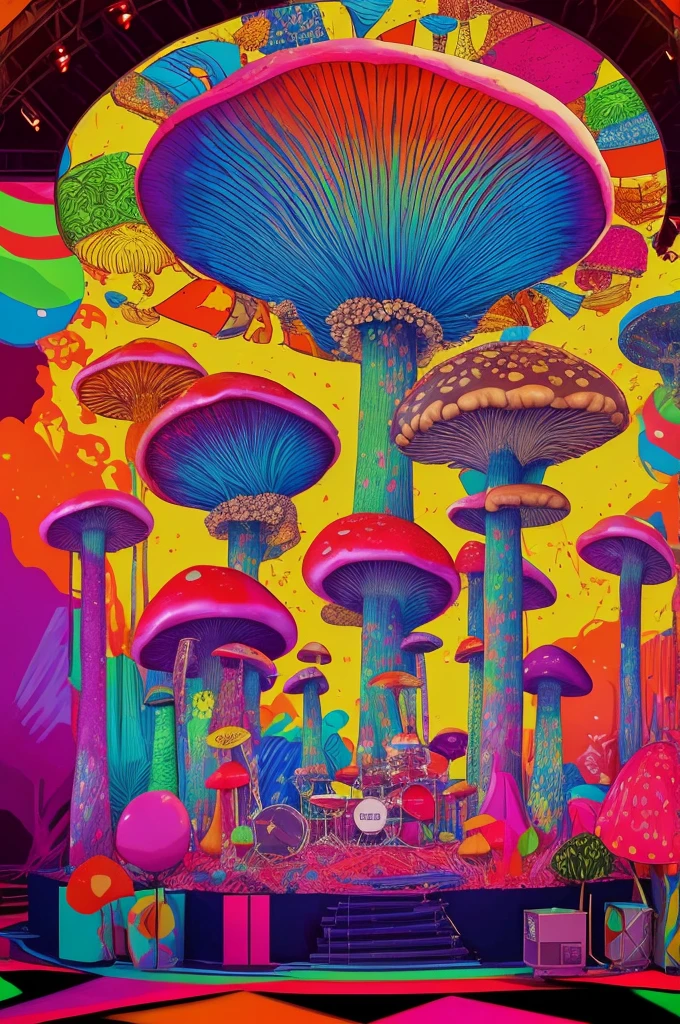 70'S ROCK BAND PLAYING ON A STAGE WITH SURREAL COLORFUL MUSHROOM DECORATIONS 70s style, synthwave aesthetic