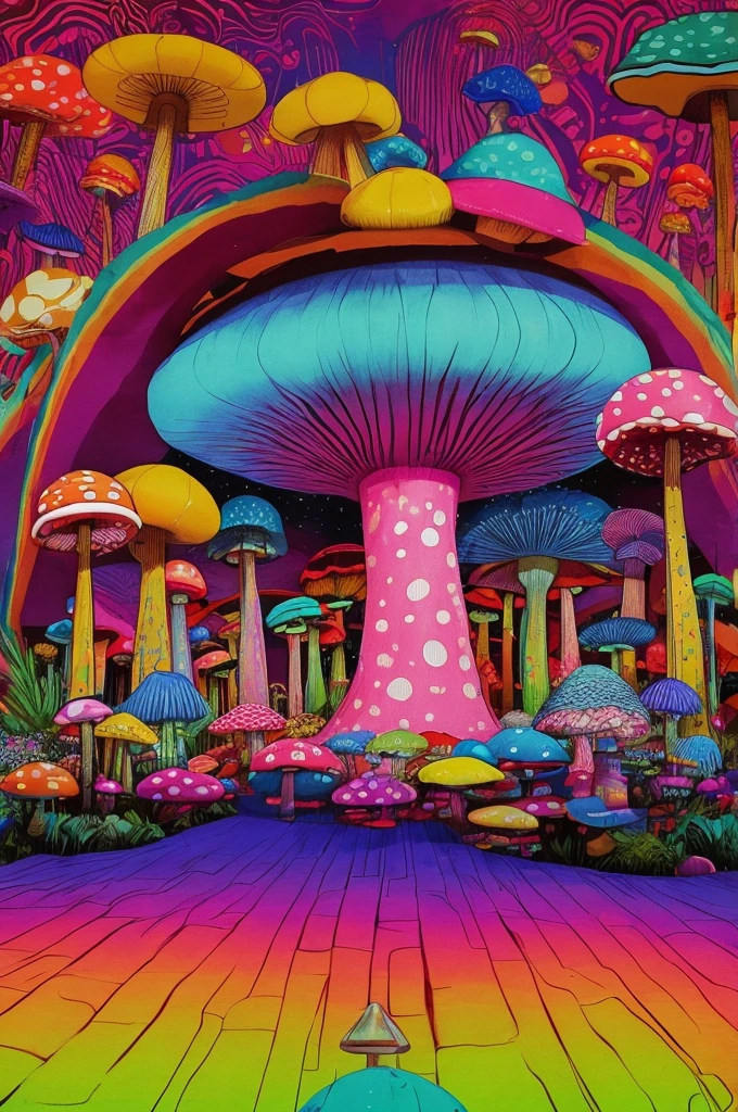 70'S ROCK BAND PLAYING ON A STAGE WITH SURREAL COLORFUL MUSHROOM DECORATIONS 70s style, synthwave aesthetic